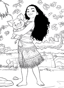 Moana holding piglet Coulouring page