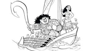 Maui and Moana in boat colouring page