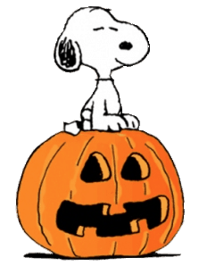 Peanuts Snoopy sitting on Halloween pumpkin