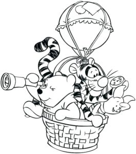 Winnie the Pooh and friends in hot air balloon colouring page