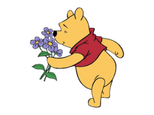 Winnie the Pooh sniffing flowers
