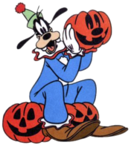 Goofy holding Halloween pumpkin
