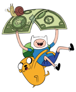 Finn and Jake flying down on dollar bill