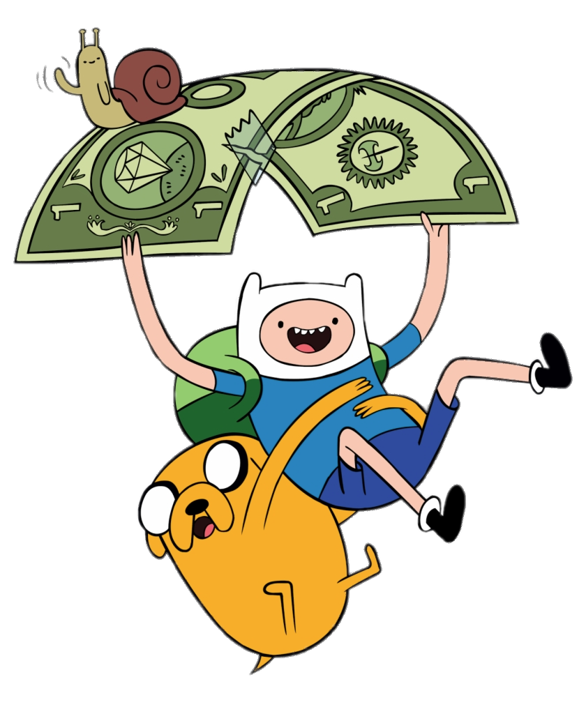 Finn and Jake flying down on dollar bill