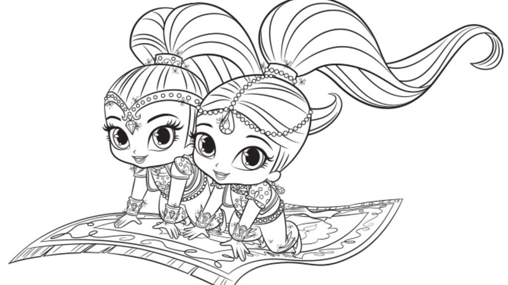 Shimmer and Shine on magic carpet colouring page