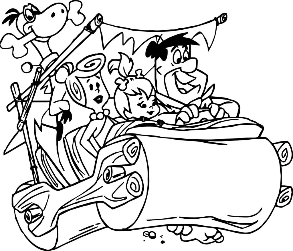The Flintstones in their car colouring page