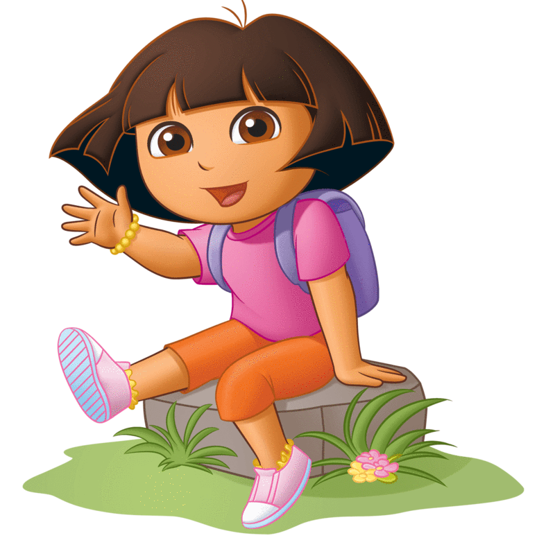 Dora the Explorer sitting on a rock.