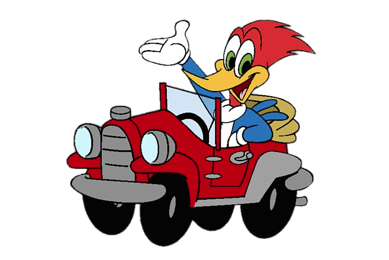 Woody Woodpecker in a red car