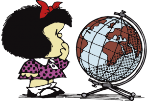 Mafalda looking at a globe