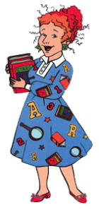 The Magic School Bus character Miss Frizzle holding books