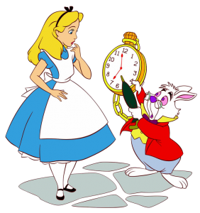 Rabbit telling Alice the time