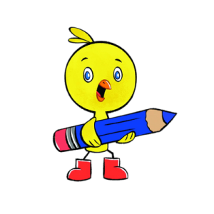 Chirp holding a blue pencil