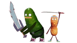 Pickle and Peanut holding swords