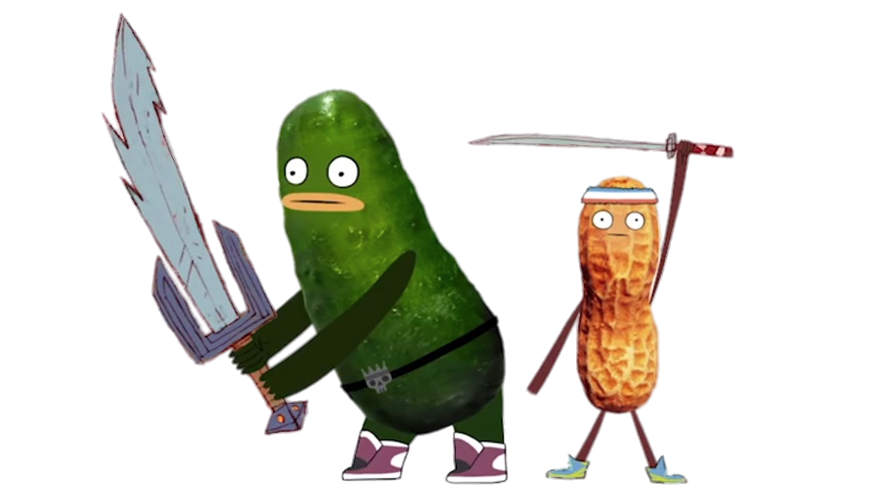 Pickle and Peanut holding swords