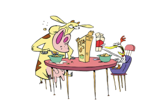 Cow and Chicken having breakfast