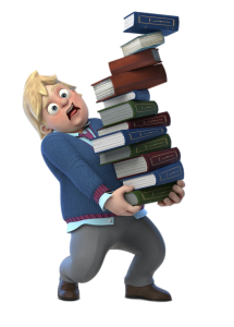 Dennis Gnasher character Bertie with pile of books