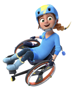 Dennis Gnasher character Rubi in her wheelchair