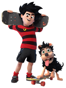 Dennis and Gnasher on their skateboard