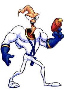 Earthworm Jim holding his weapon