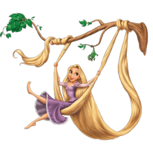 Rapunzel hanging from a branch