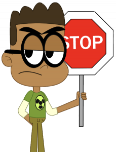 Looped character Theo holding Stop sign