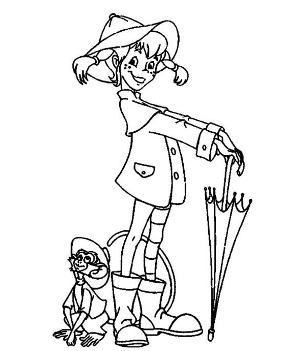 Pippi Longstocking and her monkey colouring image