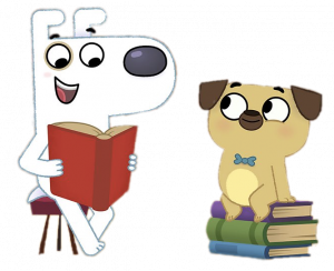 Dog Loves Books Dog reading to Pug