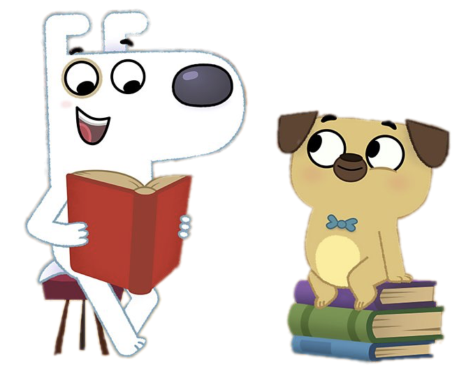 Dog Loves Books – Dog reading to Pug